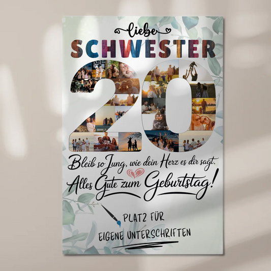 Magnet Poster mit Wunschtext Schwester 20 Geburtstag Fotos