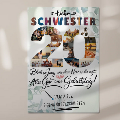 Magnet Poster mit Wunschtext Schwester 20 Geburtstag Fotos