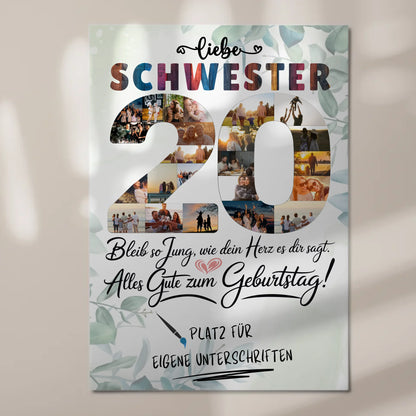 Magnet Poster mit Wunschtext Schwester 20 Geburtstag Fotos