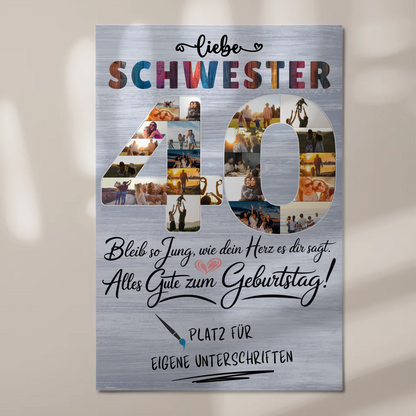Magnetisches Fotoboard Poster mit Wunschtext Schwester 40 Geburtstag Fotos