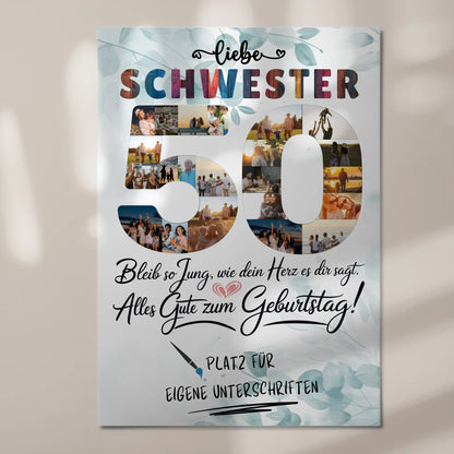 Fotoboard Magnet Poster mit Unterschriften Schwester 50 Geburtstag Fotos