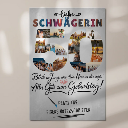 Fotoboard Poster magnetisch mit Wunschtext Schwägerin 50 Geburtstag