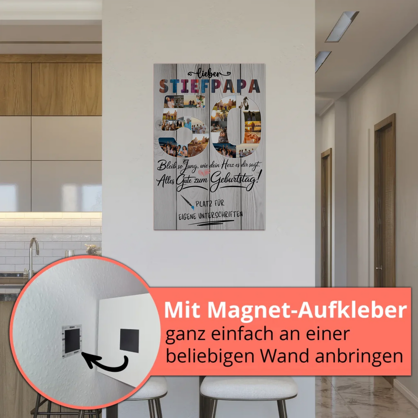 Magnetisches Fotoboard Poster mit Wunschtext Stiefpapa 50 Geburtstag Fotos
