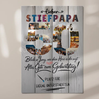 Magnetisches Fotoboard Poster mit Wunschtext Stiefpapa 50 Geburtstag Fotos