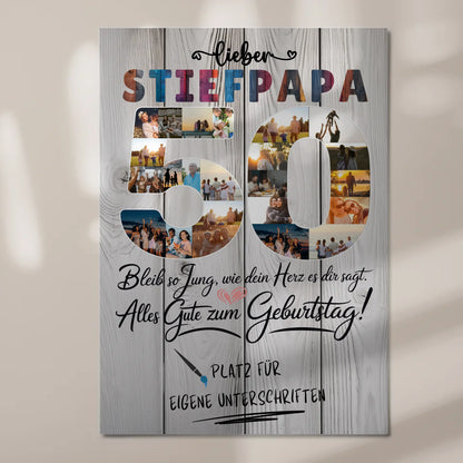Magnetisches Fotoboard Poster mit Wunschtext Stiefpapa 50 Geburtstag Fotos
