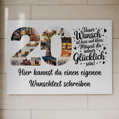 Magnetisches Fotoboard Poster mit Wunschtext zum 20. Geburtstag