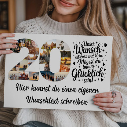 Magnetisches Fotoboard Poster mit Wunschtext zum 20. Geburtstag