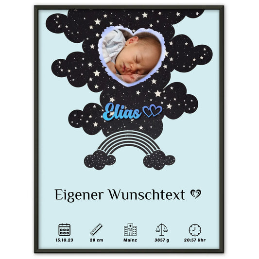 Personalisiertes Poster Geburt Foto Herz Sternchen Jungen Blau