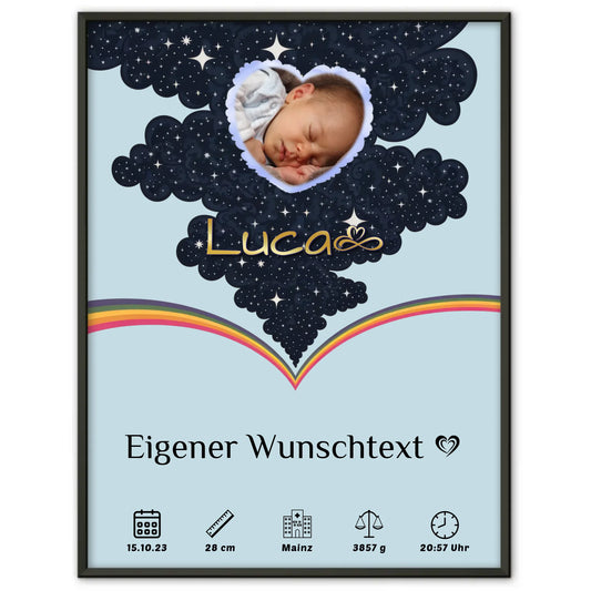 Personalisiertes Poster Zur Geburt Foto Herz Little Stars Jungen Blau