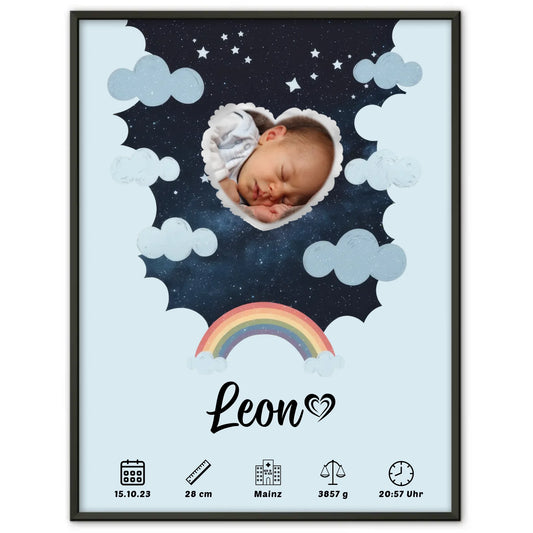 Personalisiertes Plakat Poster Geburt Foto Herz Stern Jungen Blau