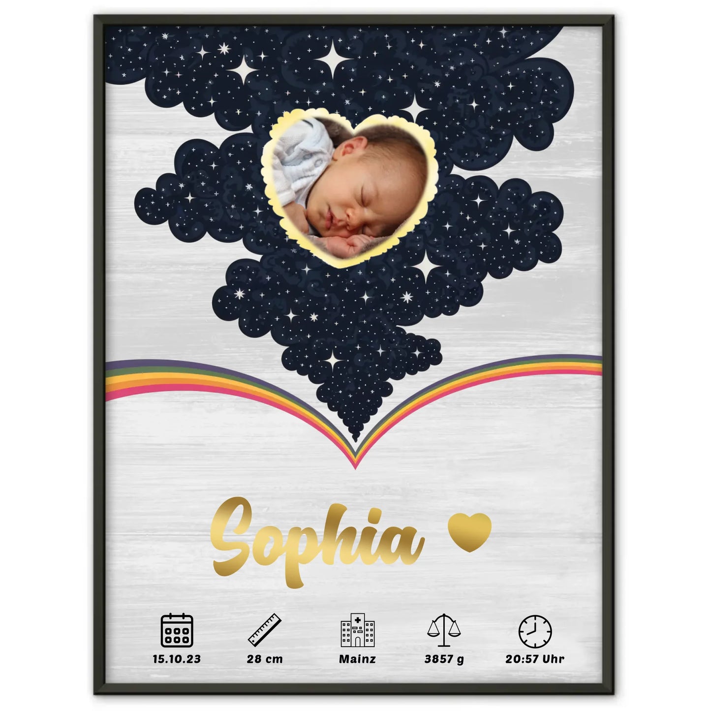 Herz Foto Poster Geburtsdaten Holz Hell für Baby Jungen Mädchen