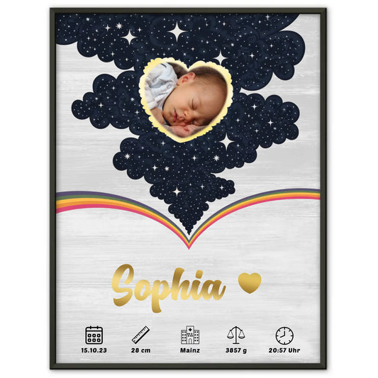 Herz Foto Poster Geburtsdaten Holz Hell für Baby Jungen Mädchen