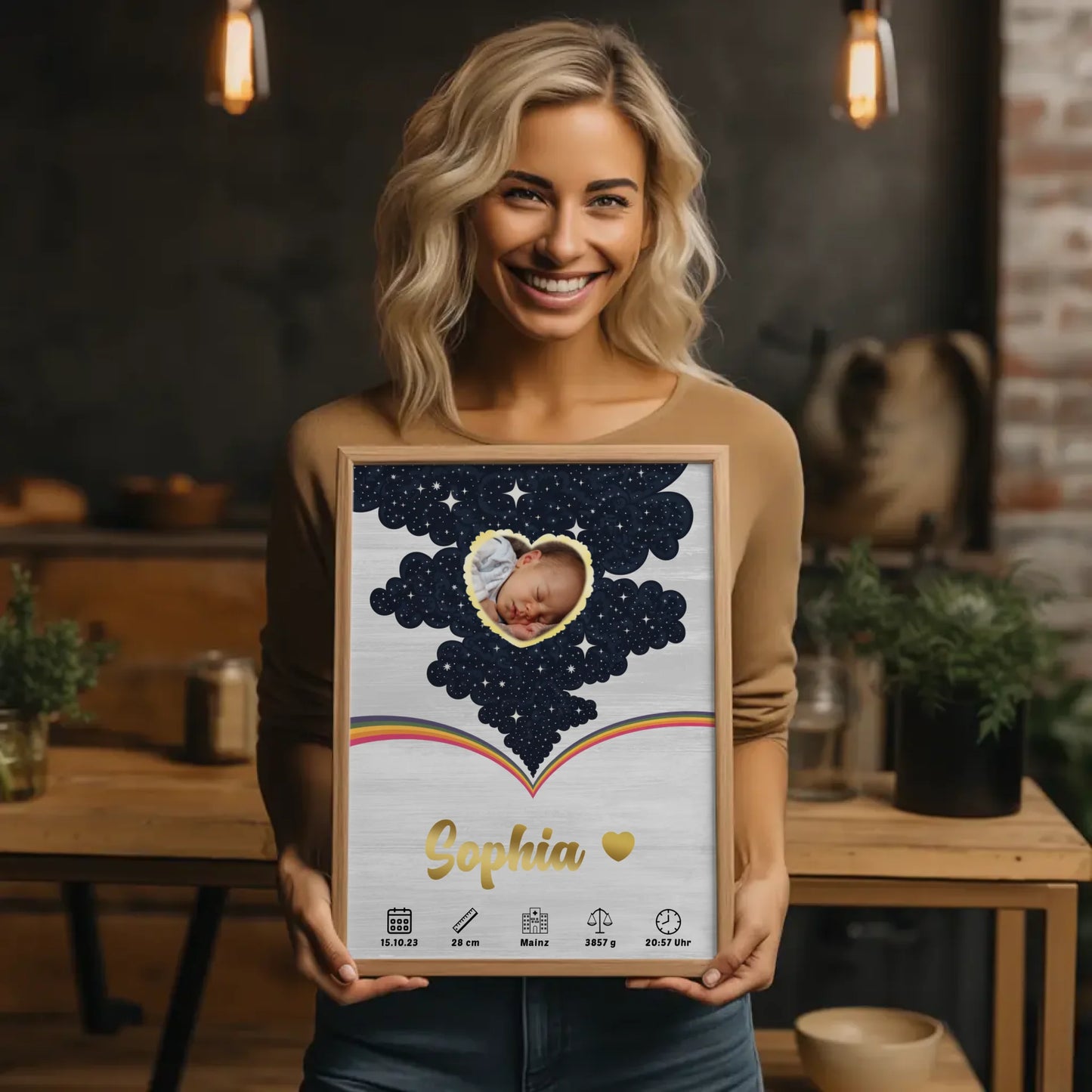 Herz Foto Poster Geburtsdaten Holz Hell für Baby Jungen Mädchen