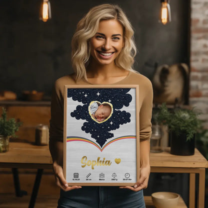 Herz Foto Poster Geburtsdaten Holz Hell für Baby Jungen Mädchen