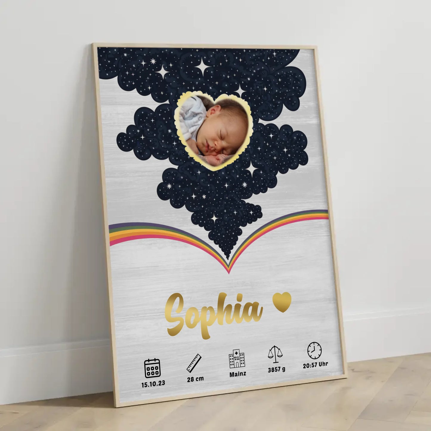 Herz Foto Poster Geburtsdaten Holz Hell für Baby Jungen Mädchen