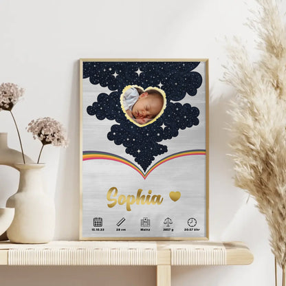 Herz Foto Poster Geburtsdaten Holz Hell für Baby Jungen Mädchen