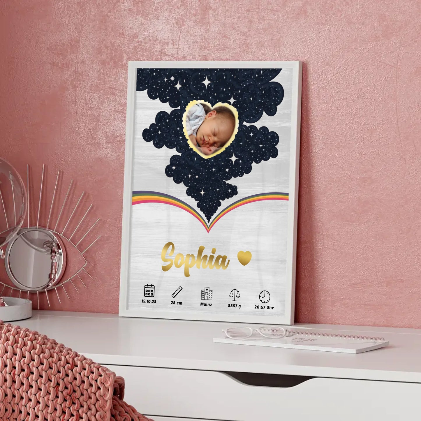 Herz Foto Poster Geburtsdaten Holz Hell für Baby Jungen Mädchen