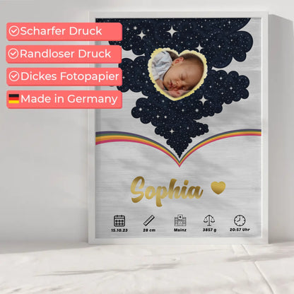 Herz Foto Poster Geburtsdaten Holz Hell für Baby Jungen Mädchen