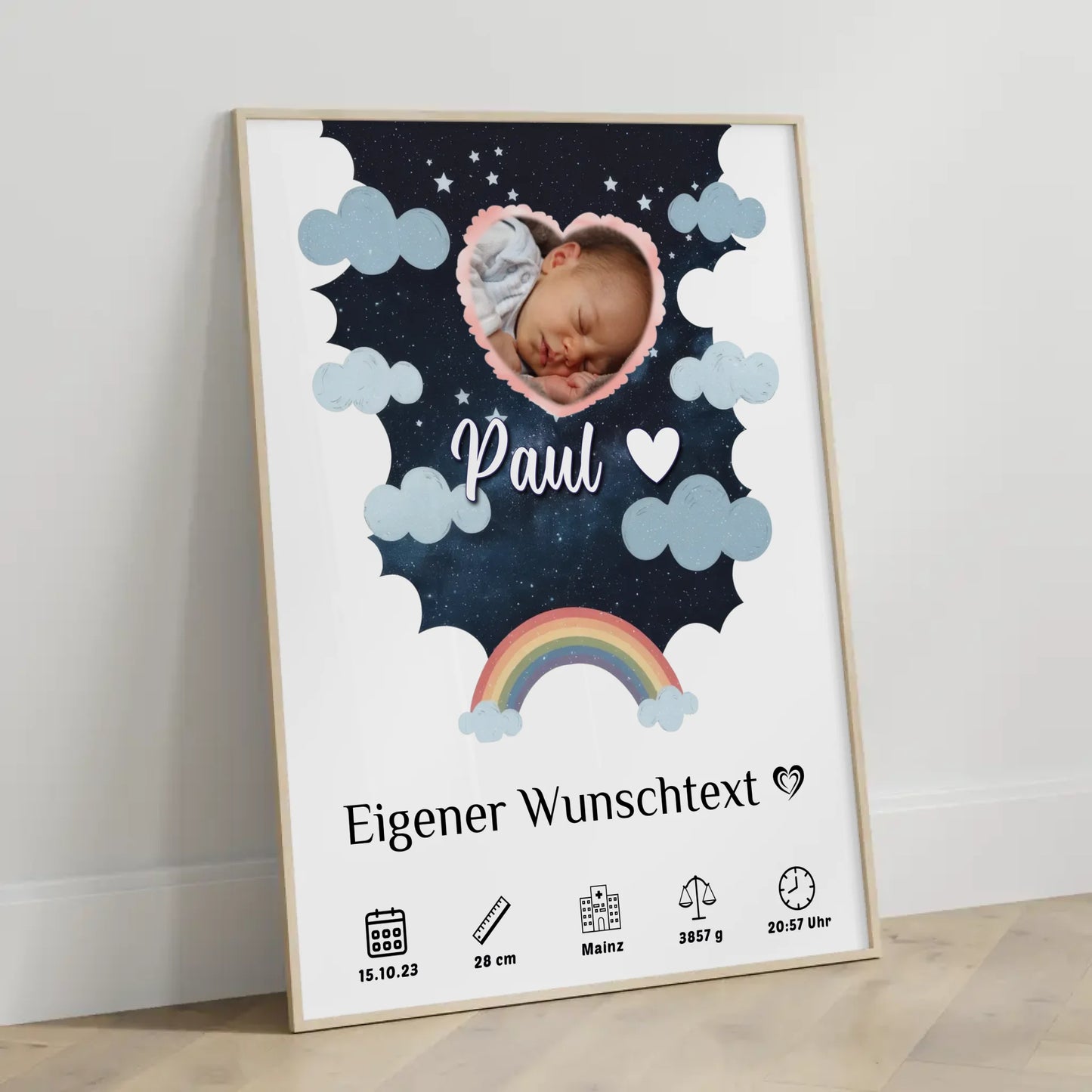 Geburtsposter für Mädchen und Jungen Foto in Herzform