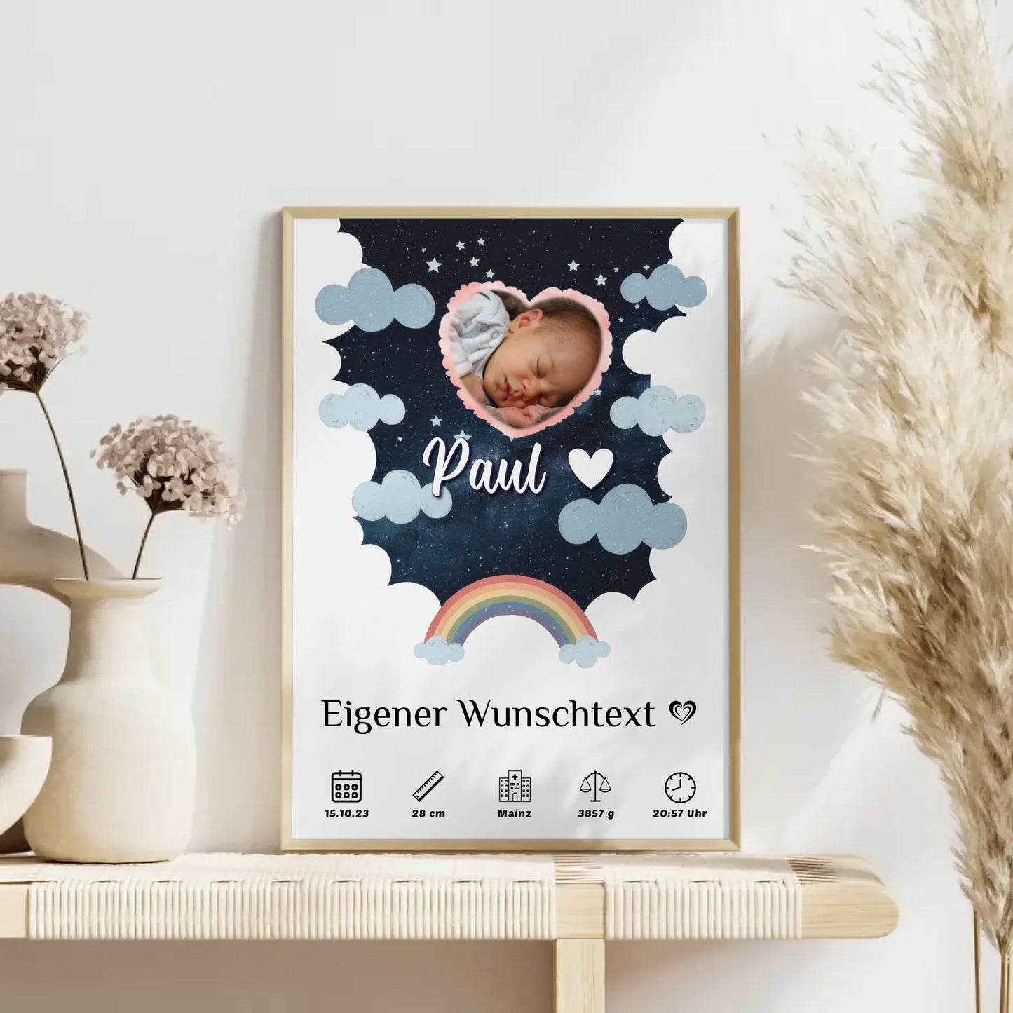 Geburtsposter für Mädchen und Jungen Foto in Herzform