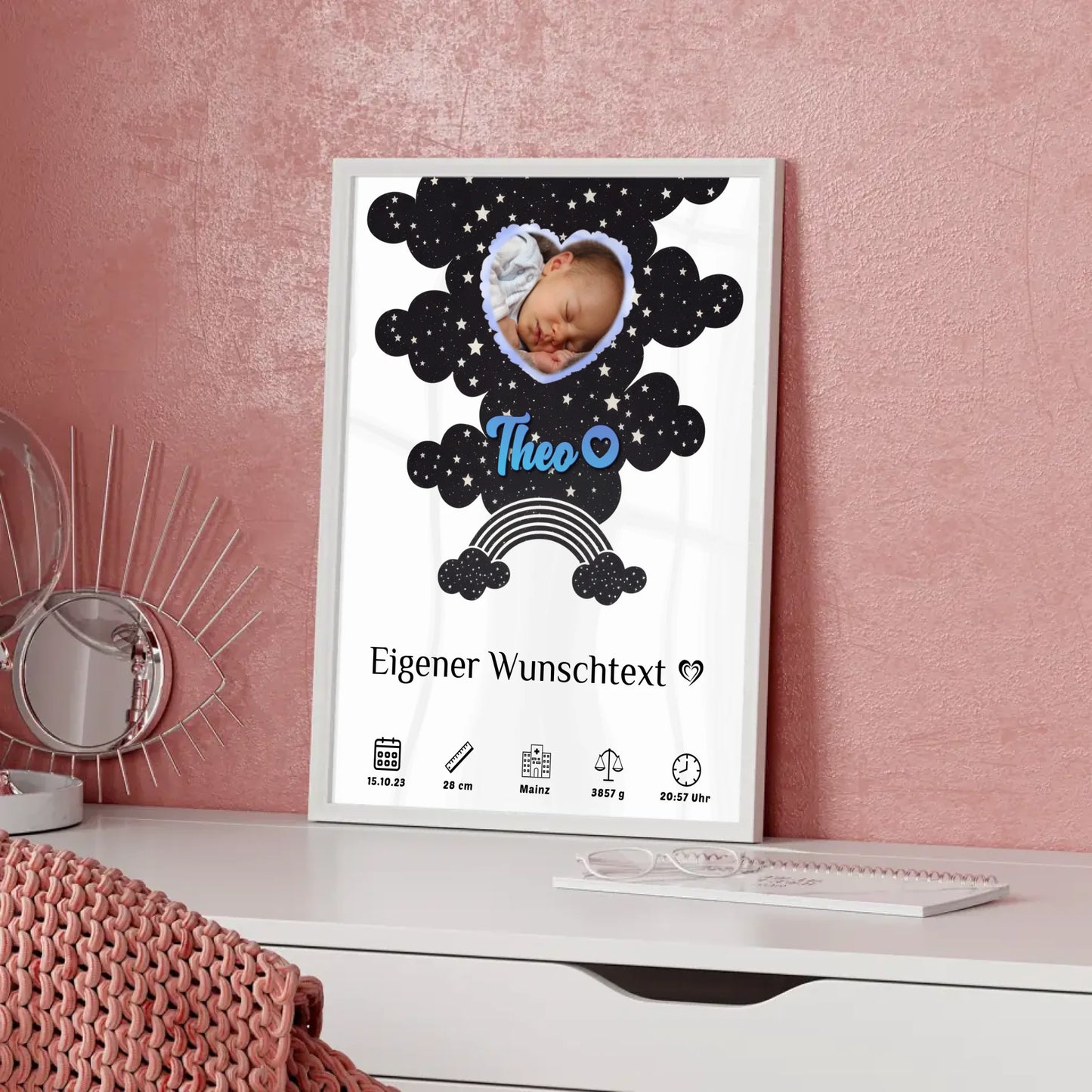 Personalisiertes Poster Geburt für Mädchen Jungen Fotoherz