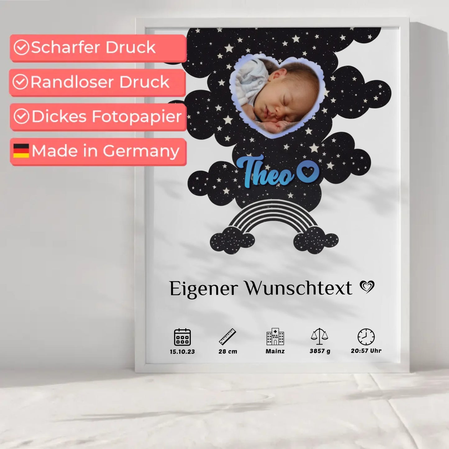 Personalisiertes Poster Geburt für Mädchen Jungen Fotoherz