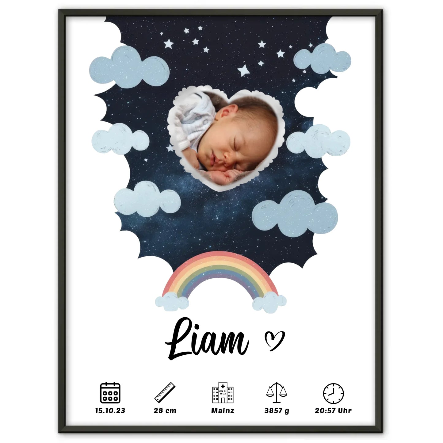 Plakat Poster Geburt für Mädchen und Jungen Foto in Herzform