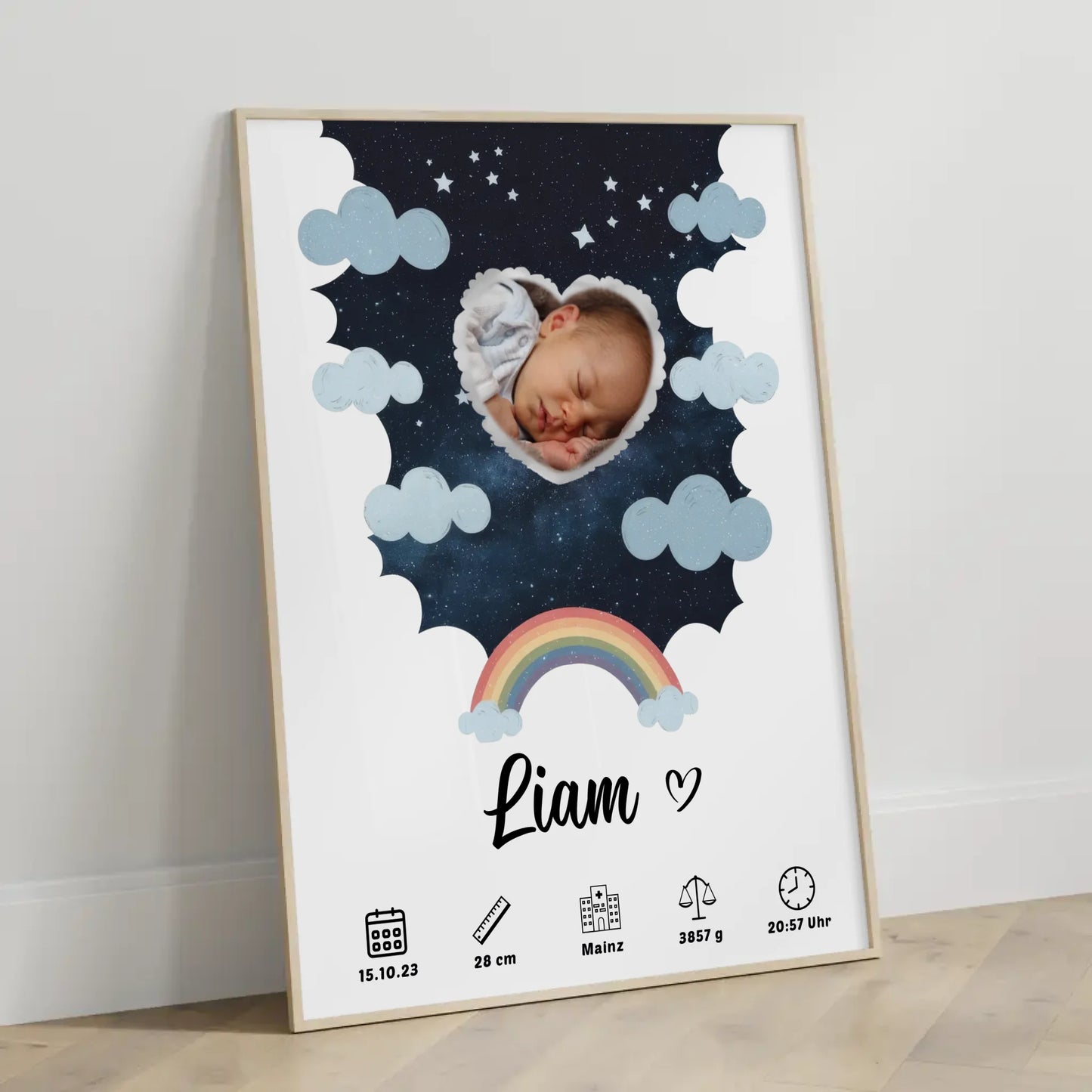 Plakat Poster Geburt für Mädchen und Jungen Foto in Herzform