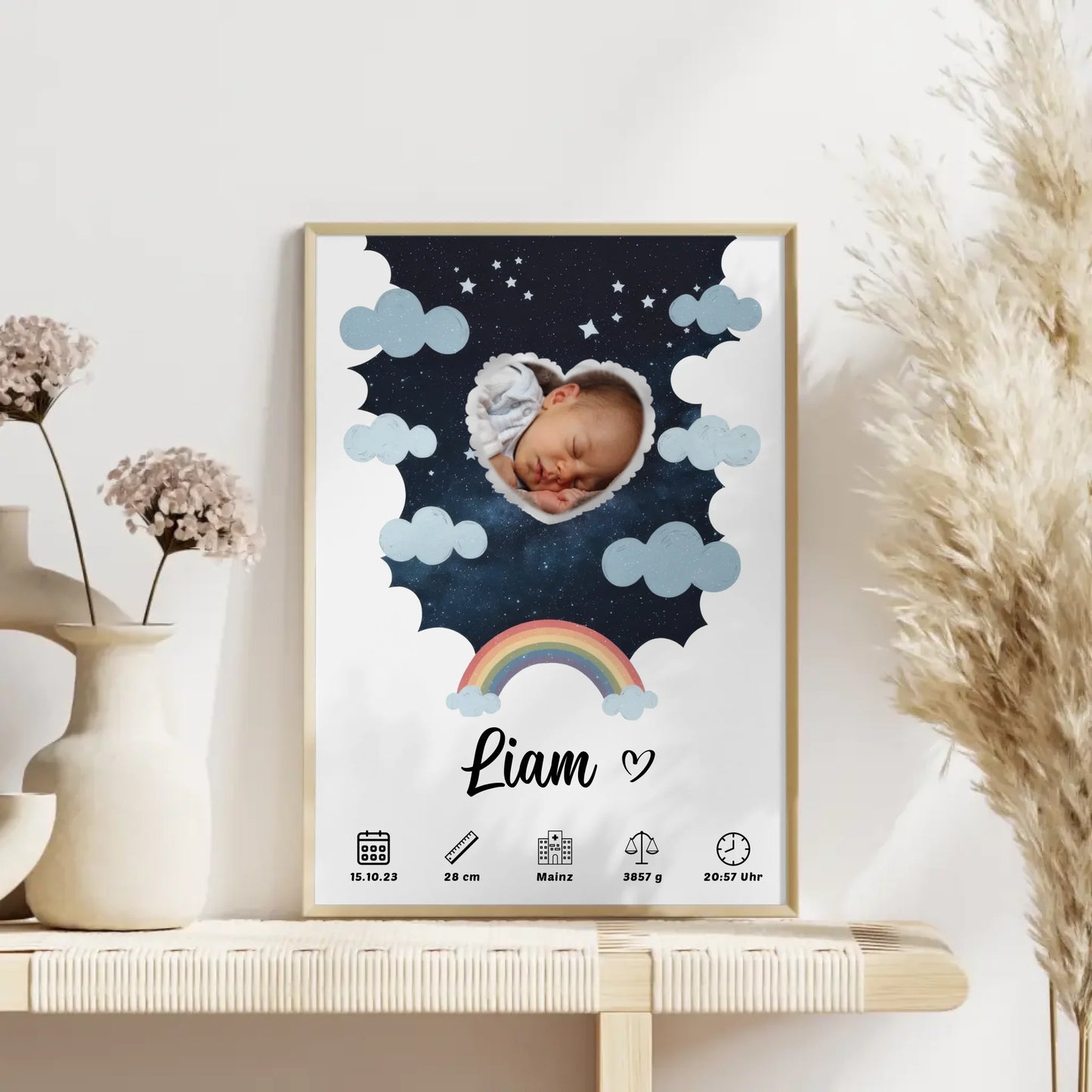 Plakat Poster Geburt für Mädchen und Jungen Foto in Herzform