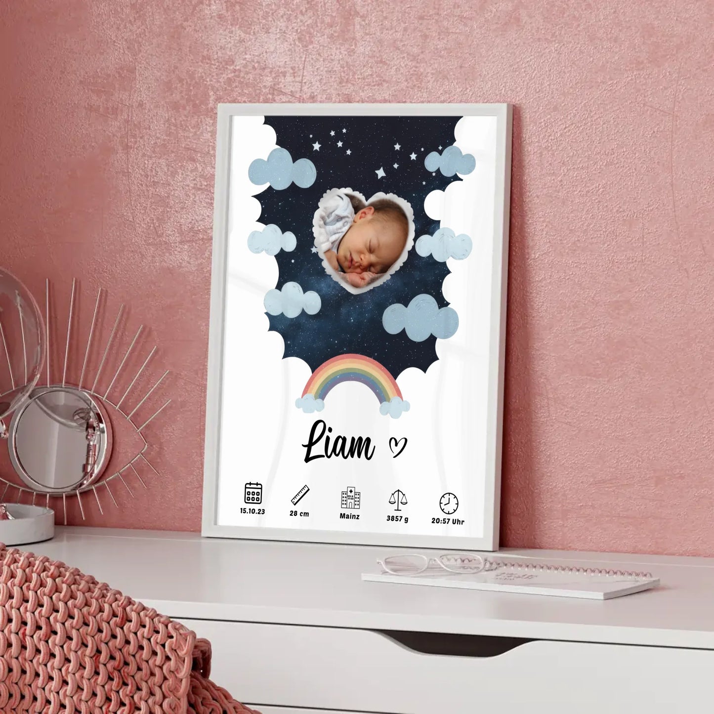 Plakat Poster Geburt für Mädchen und Jungen Foto in Herzform