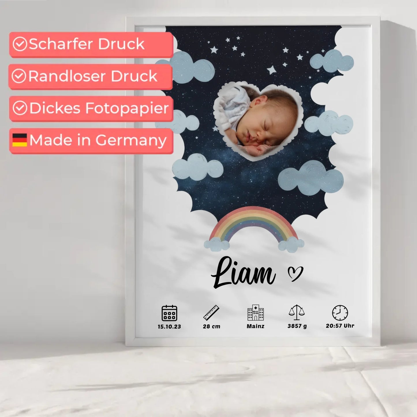 Plakat Poster Geburt für Mädchen und Jungen Foto in Herzform