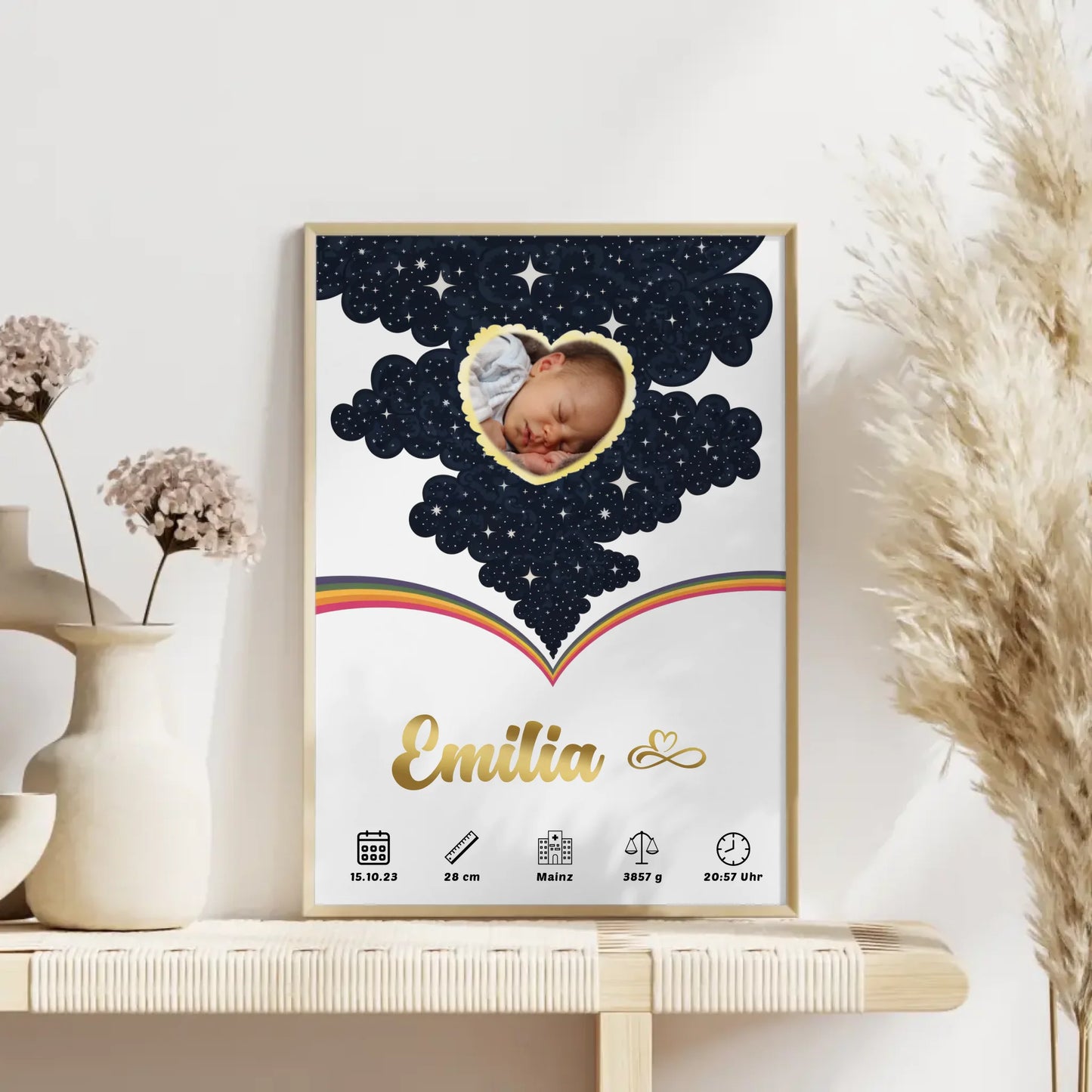 Poster Geburtsdaten für Mädchen und Jungen Foto Herz Geschenk