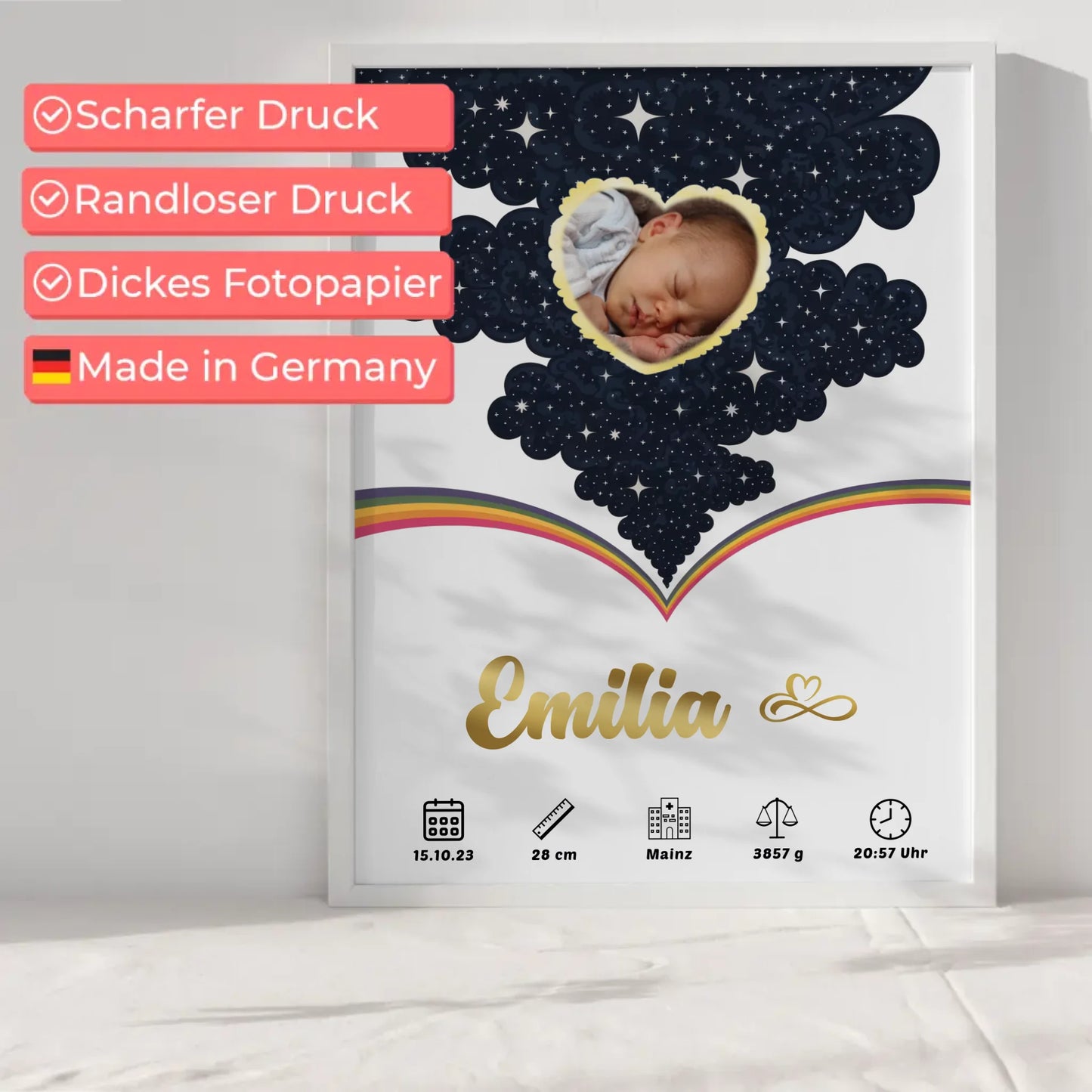 Poster Geburtsdaten für Mädchen und Jungen Foto Herz Geschenk