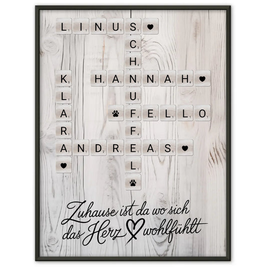 Familienposter Das Herz Wohlfühlt Kreuzworträtsel mit Namen