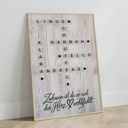 Familienposter Das Herz Wohlfühlt Kreuzworträtsel mit Namen