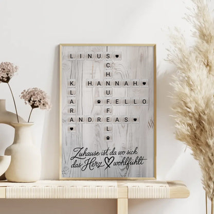 Familienposter Das Herz Wohlfühlt Kreuzworträtsel mit Namen