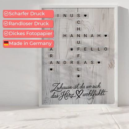 Familienposter Das Herz Wohlfühlt Kreuzworträtsel mit Namen