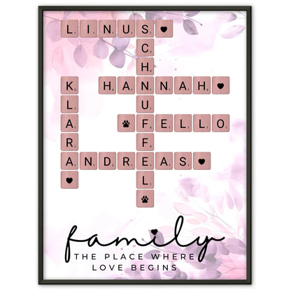 Poster Familie personalisiert Where The Love Begins Scrabble Style