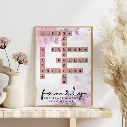 Poster Familie personalisiert Where The Love Begins Scrabble Style