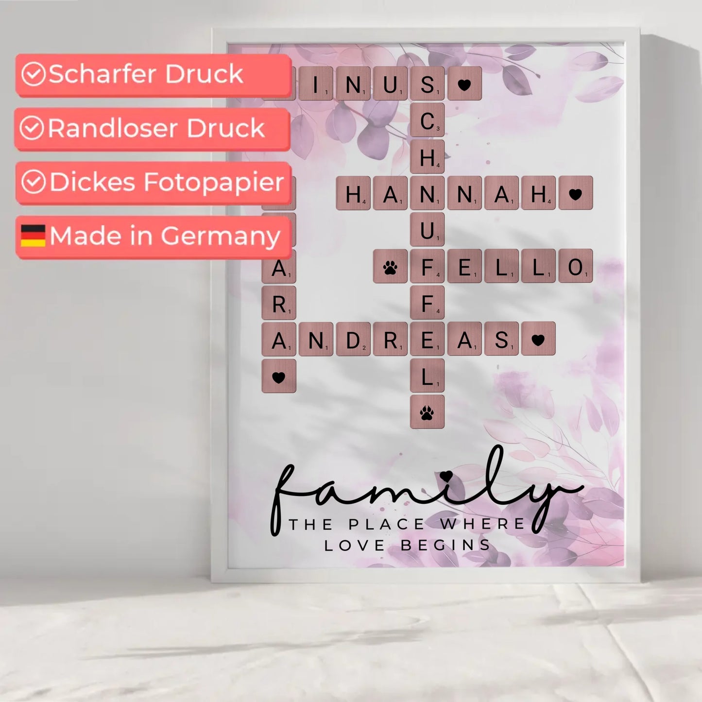 Poster Familie personalisiert Where The Love Begins Scrabble Style