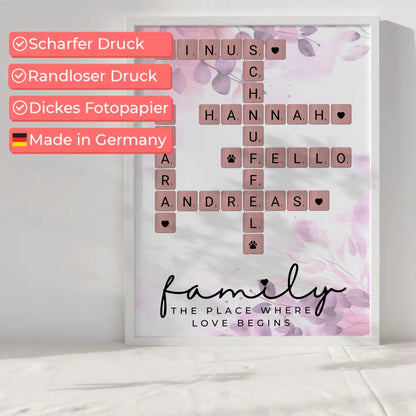 Poster Familie personalisiert Where The Love Begins Scrabble Style