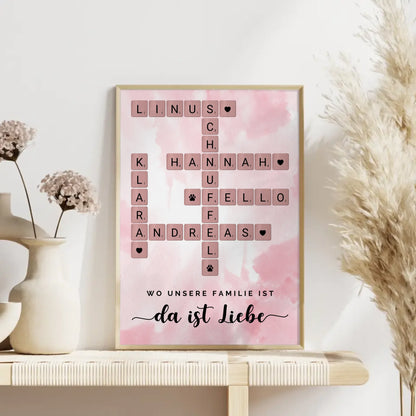 Poster Familie Spruch Wo Unsere Familie Ist Da Ist Liebe Kreuzworträtsel mit Namen Wunschtext