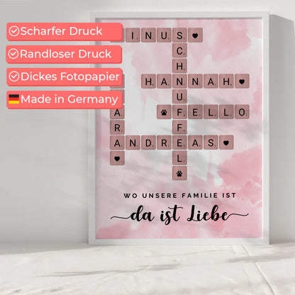 Poster Familie Spruch Wo Unsere Familie Ist Da Ist Liebe Kreuzworträtsel mit Namen Wunschtext