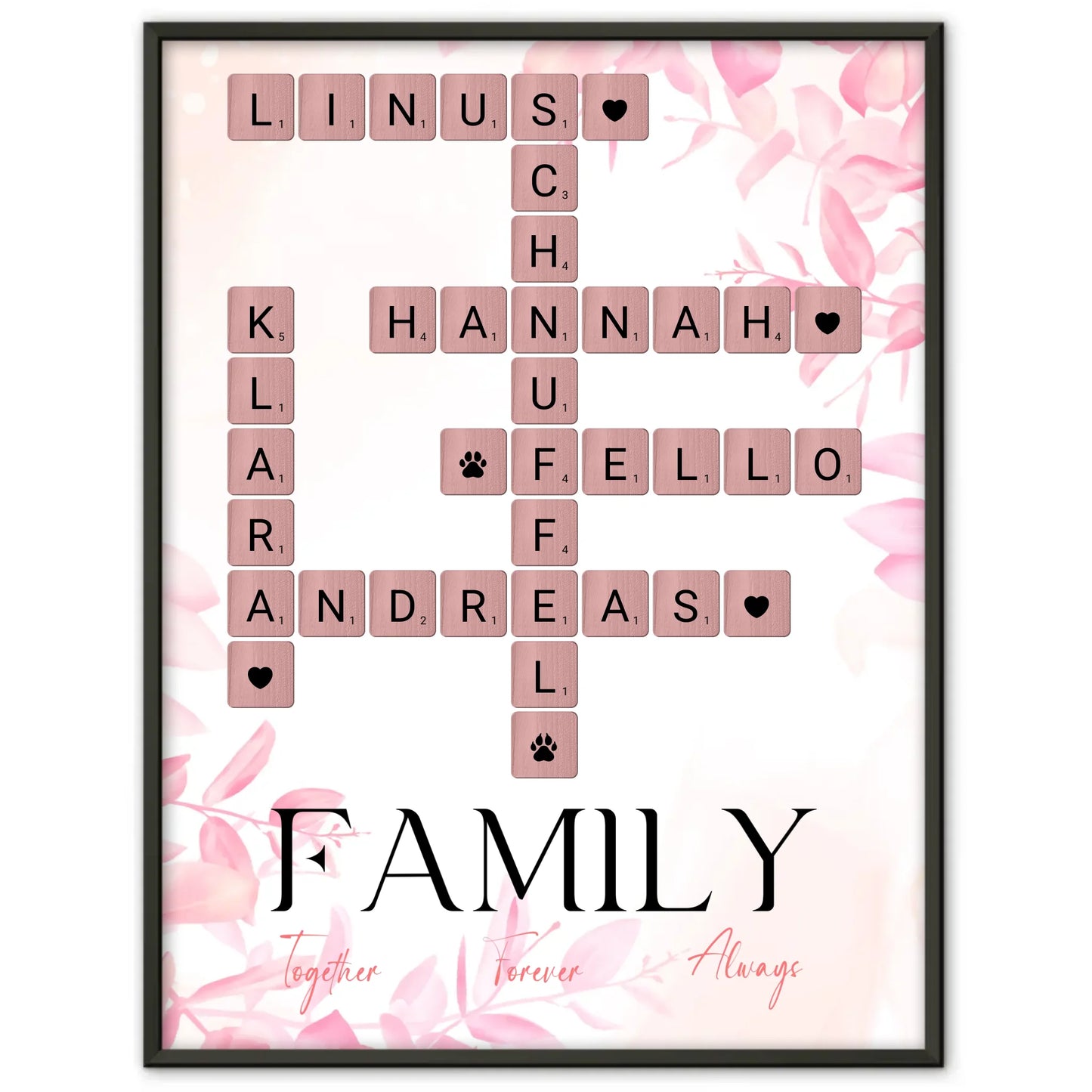 Personalisiertes Poster Family Together Namen im Scrabble Design