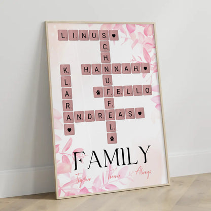Personalisiertes Poster Family Together Namen im Scrabble Design