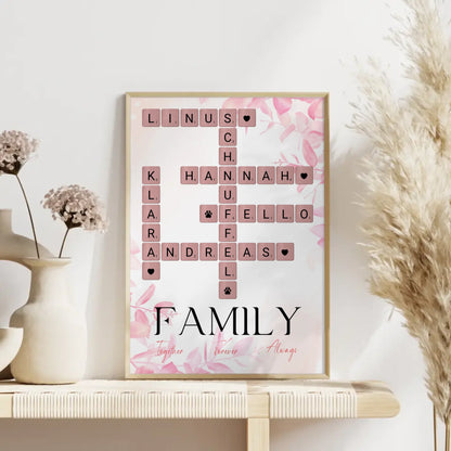 Personalisiertes Poster Family Together Namen im Scrabble Design