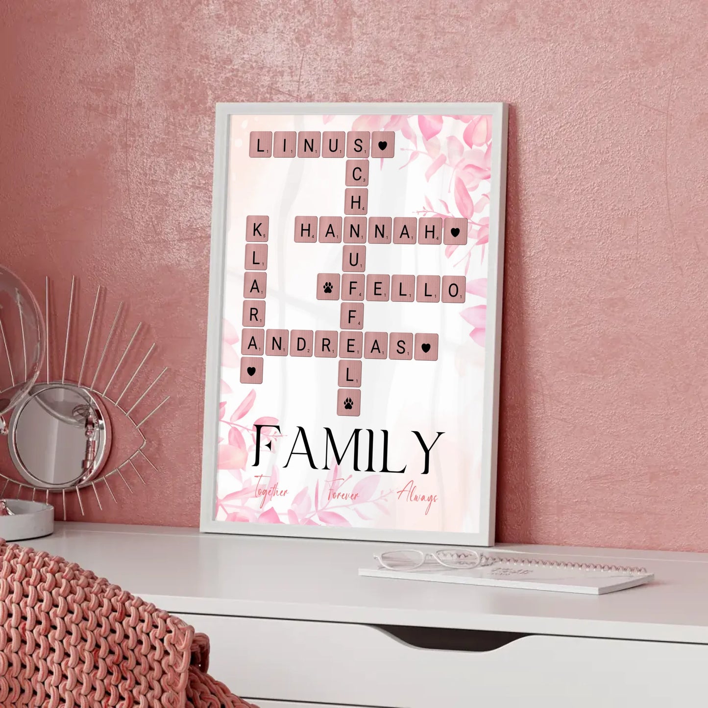 Personalisiertes Poster Family Together Namen im Scrabble Design