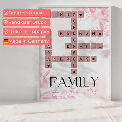 Personalisiertes Poster Family Together Namen im Scrabble Design