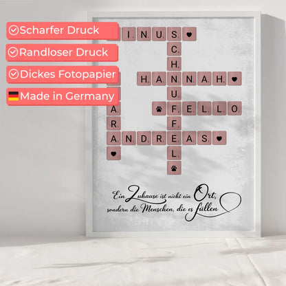 Poster Familienbild Personalisiert Zuhause Scrabble Style Namen