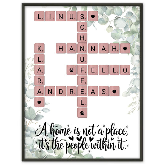 Familienposter Home is Kreuzworträtsel mit Namen Wunschtext